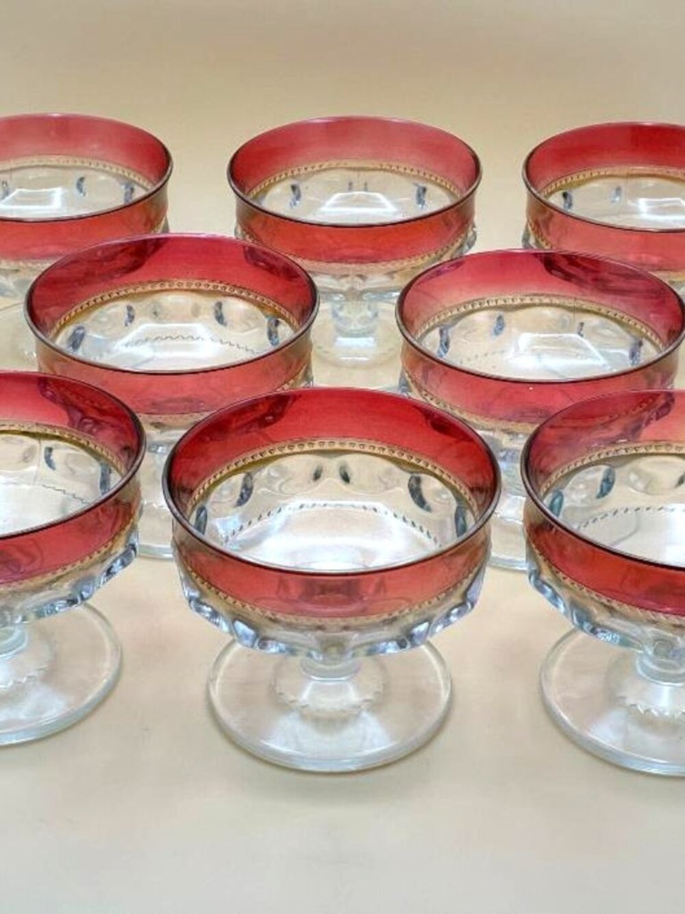 Vintage 1950 Red Cranberry Kings Crown Thumbprint Sherbet Dessert Glasses